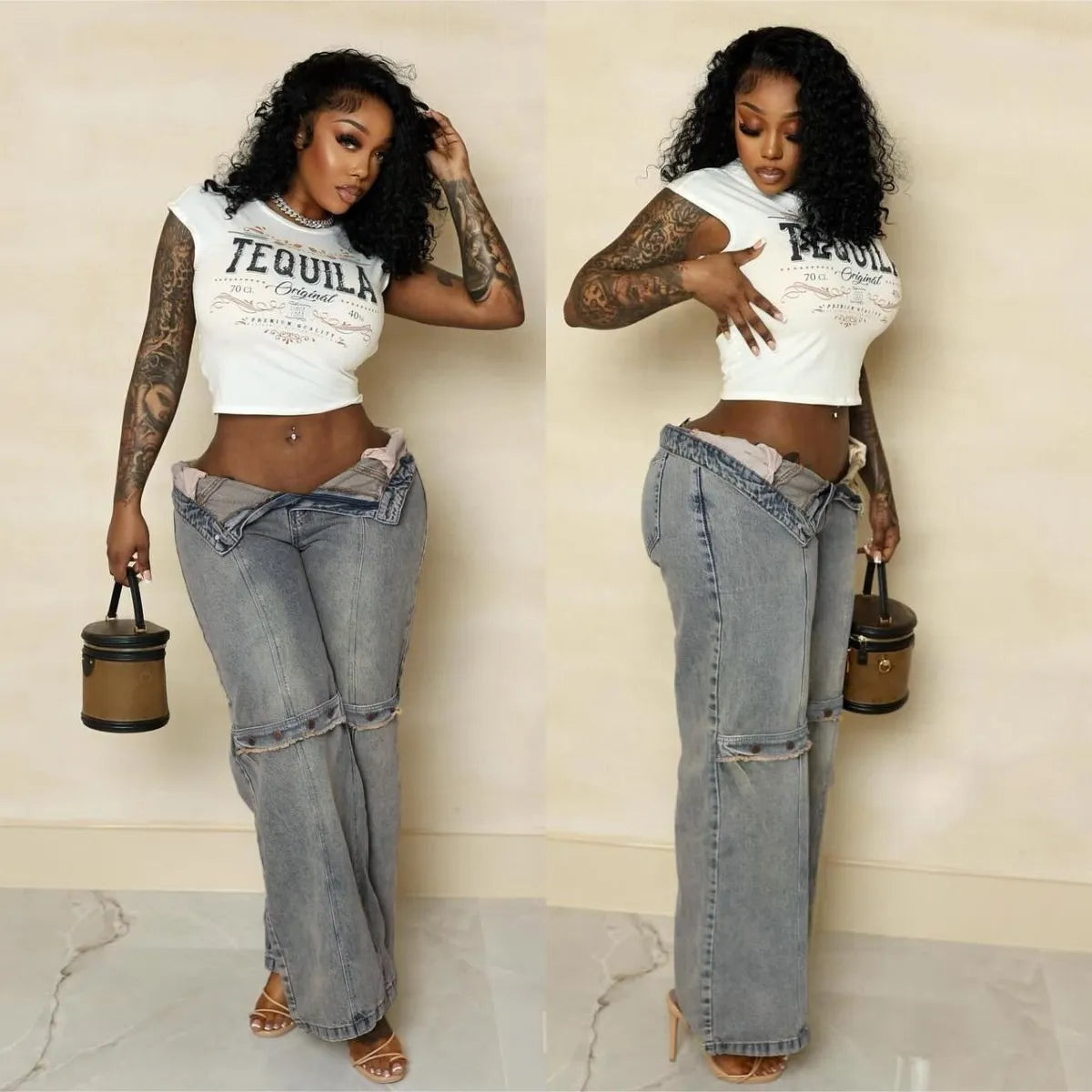 Baggy Button Detail Straight Leg Jeans