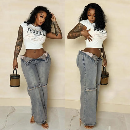 Baggy Button Detail Straight Leg Jeans