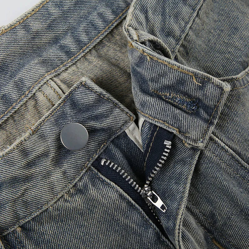 Baggy Button Detail Straight Leg Jeans