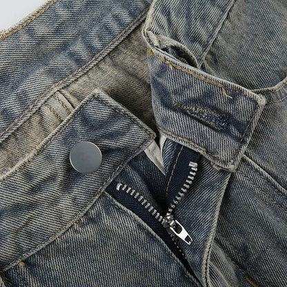 Baggy Button Detail Straight Leg Jeans