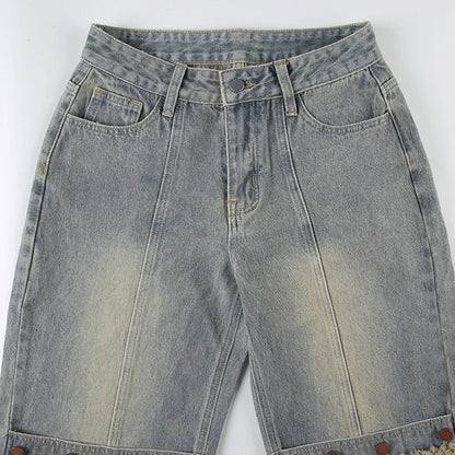 Baggy Button Detail Straight Leg Jeans