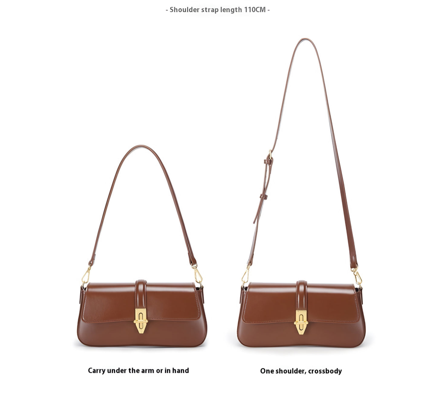 Picture showing shoulder strap length of brown genuine leather baguette handbag on a white background