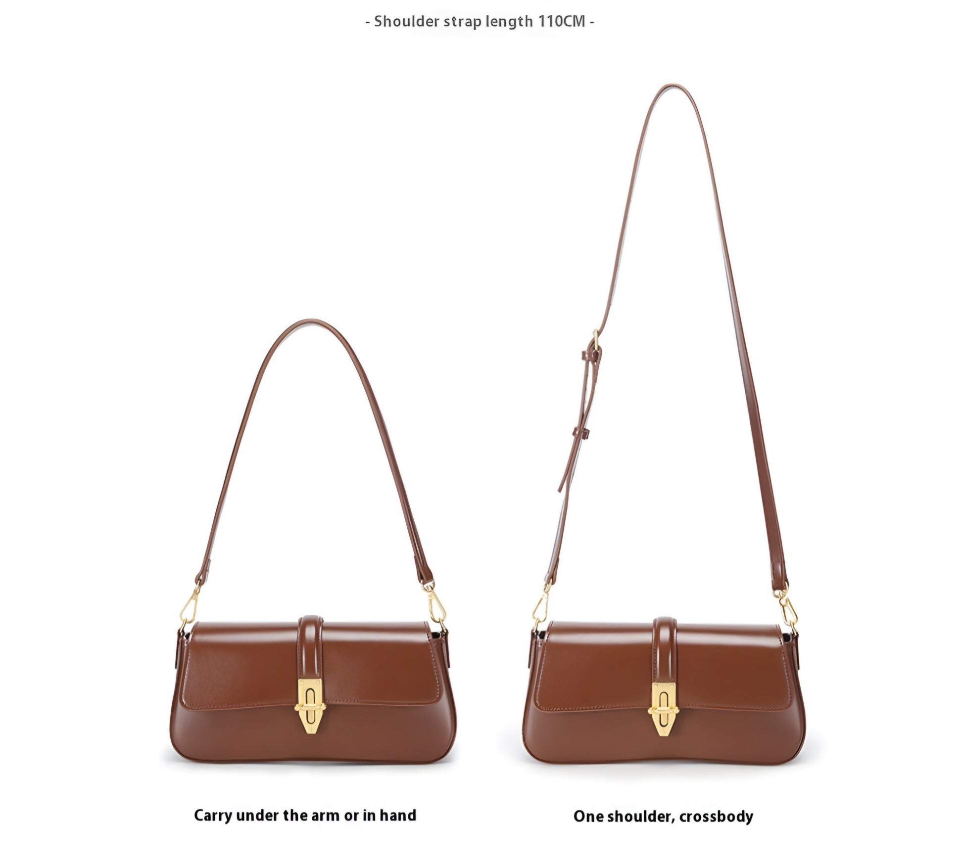 Picture showing shoulder strap length of brown genuine leather baguette handbag on a white background