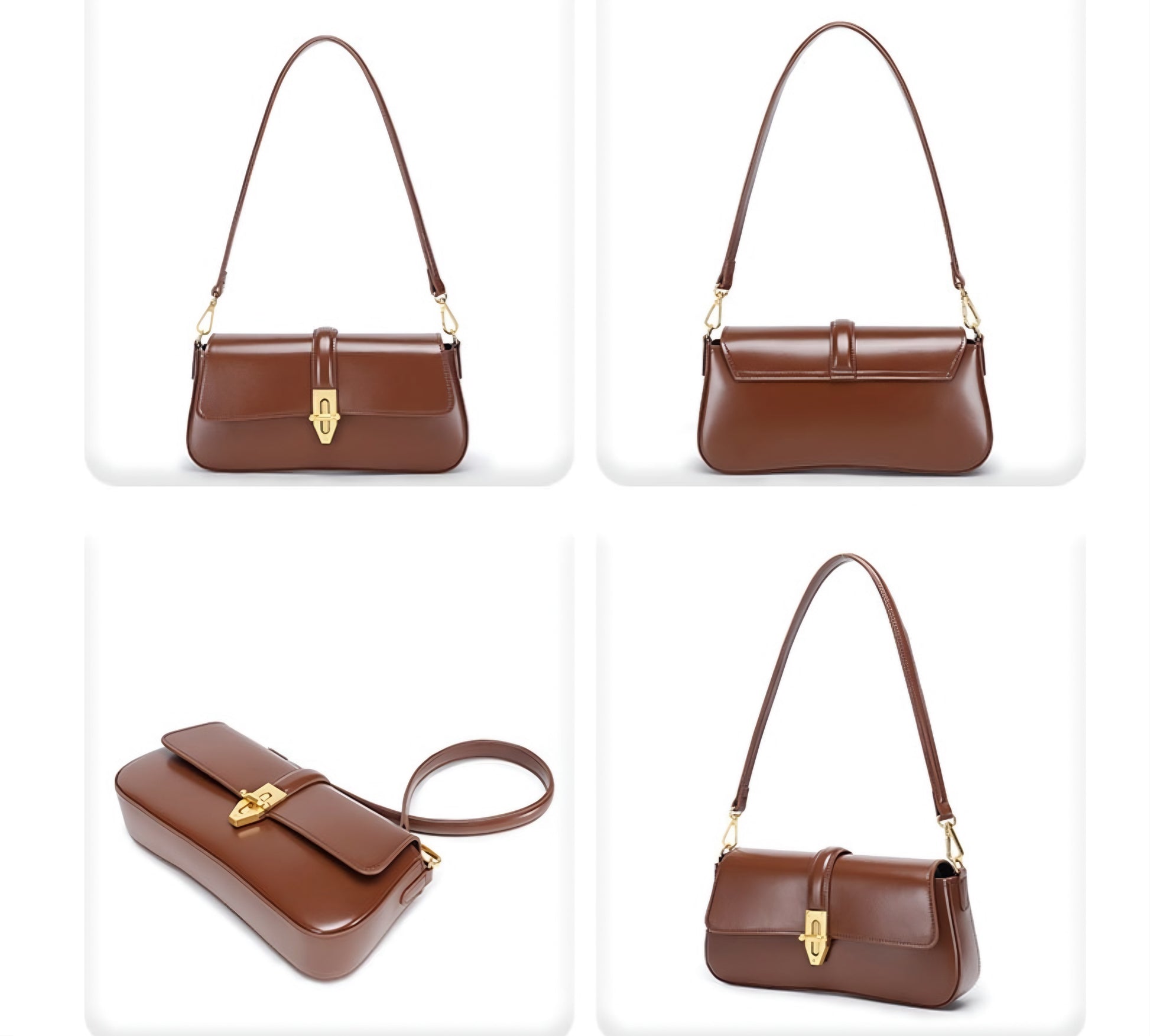 Brown real leather purse with gold accents shown from multiple angles on a white background