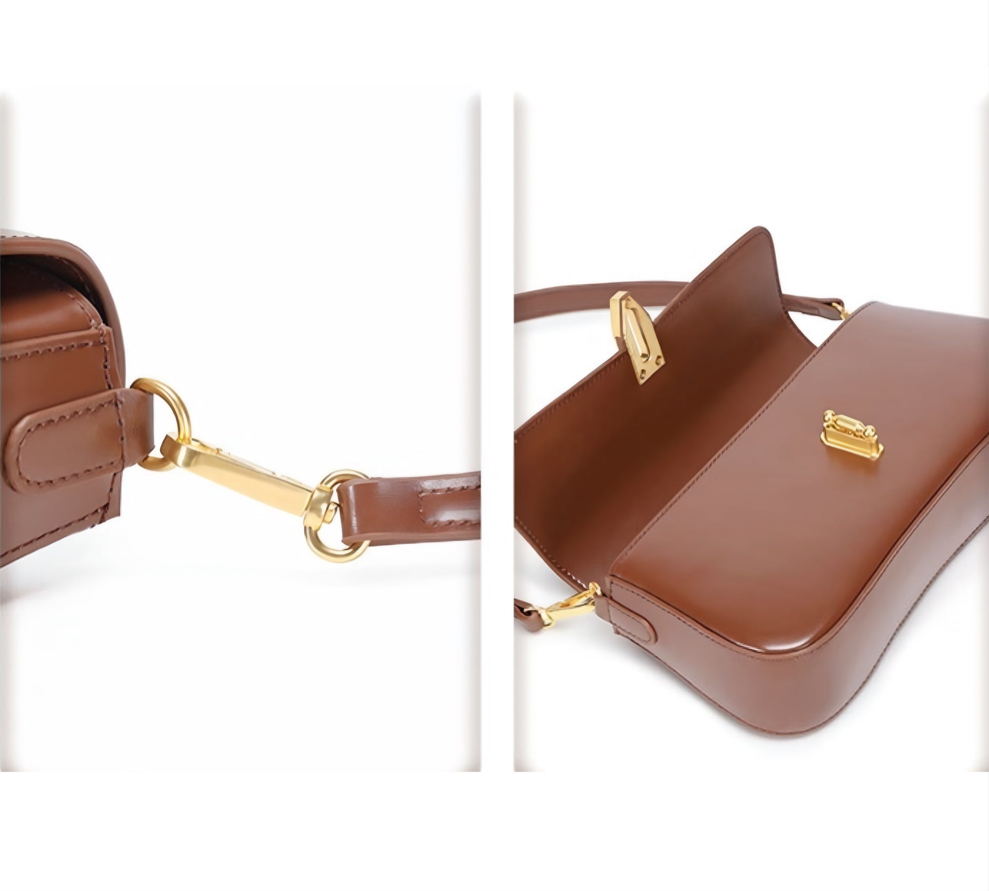 Brown real leather purse with gold hardware open and removable strap on a white background 