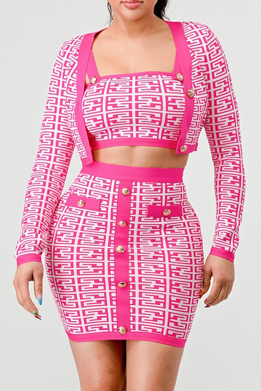 vibrant pink abstract sprinted bandage three piece set for women