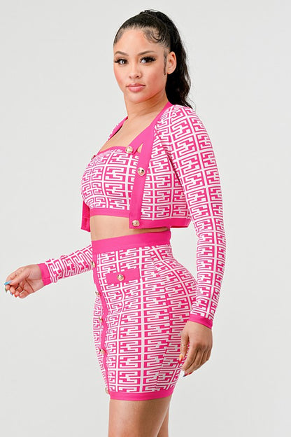 sexy three piece bandage bodycon three piece skirt, crop top and long sleeve sweater for women side view on a model 