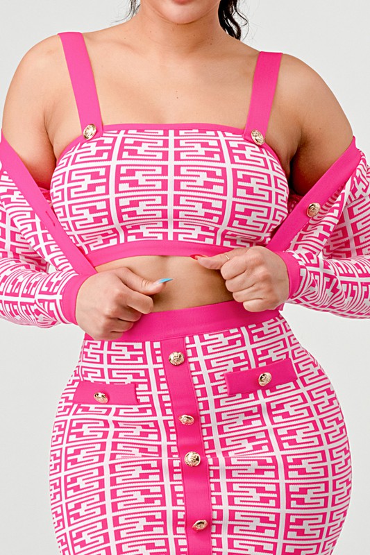 pink printed bandage three piece set for women showcasing crop top and long sleeve seater with high waisted skirt 
