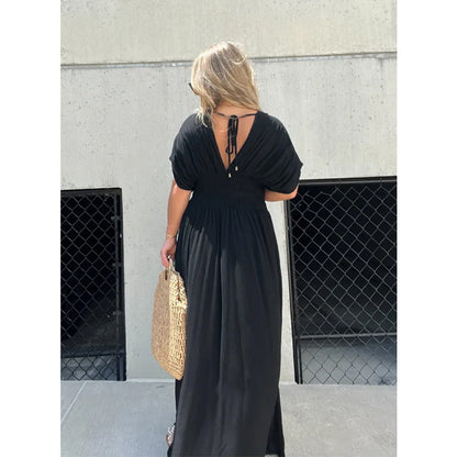 Bat-sleeved V-neck Slit Dress