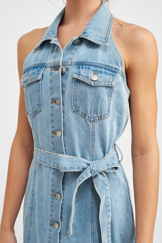 Light Blue Denim halter button front sleeveless open back dress for women on a model with a white background close up view