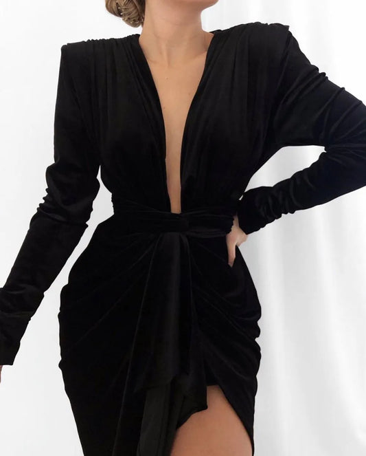 Black Velvet Deep V-neck Dress