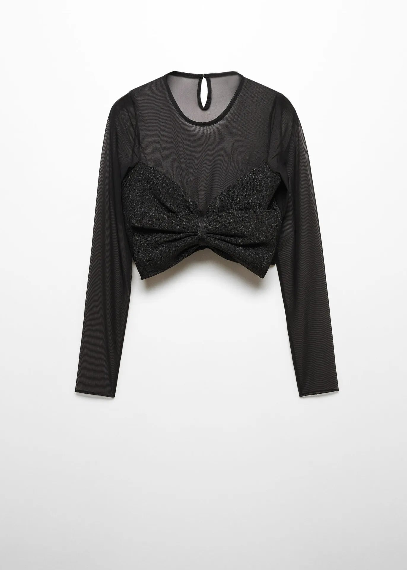 Black long-sleeve mesh top with a large front bow detail, set against a white background.