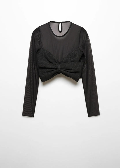 Black long-sleeve mesh top with a large front bow detail, set against a white background.