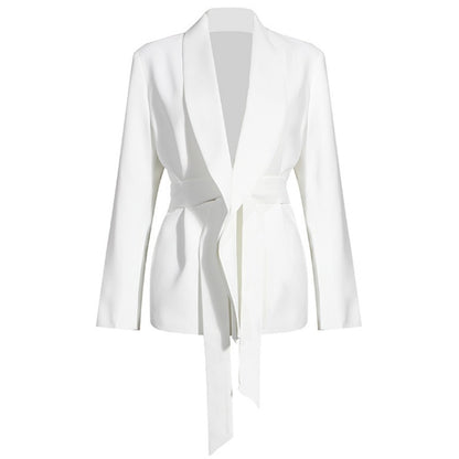 Designer-inspired white power suit blazer with belt on a white background