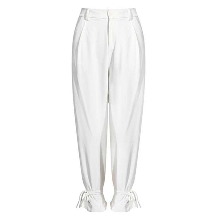 Designer-inspired white power suit pants/trousers with ankle tie straps on a white background