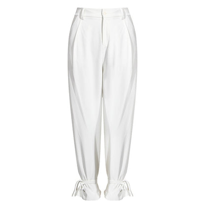 Designer-inspired white power suit pants/trousers with ankle tie straps on a white background