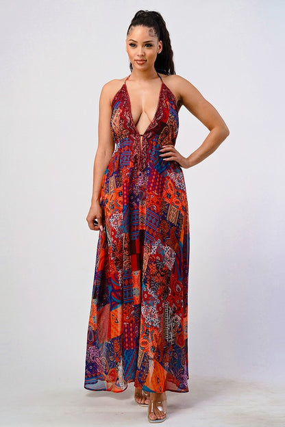 Backless boho chic maxi dress in jewel-tone patchwork print with halter tie neckline for women fashion