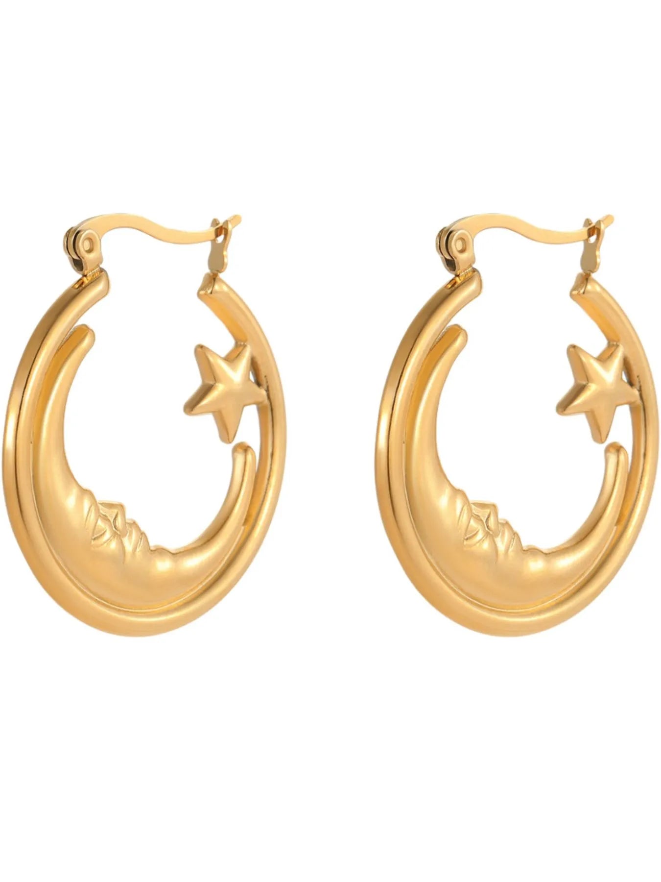 Celestial earrings in gold with crescent moon and star on white background