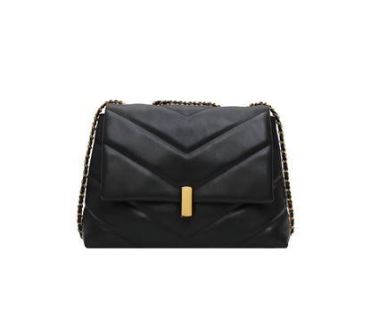 Black quilted chain chevron shoulder bag with gold clasp on white background