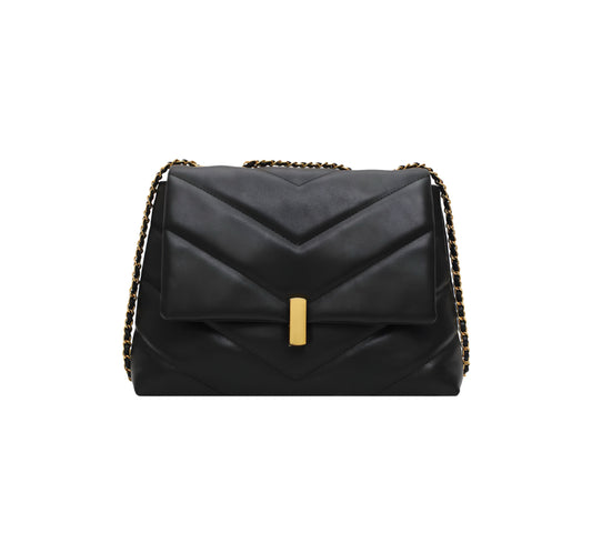 Black quilted chain chevron shoulder bag with gold clasp on white background