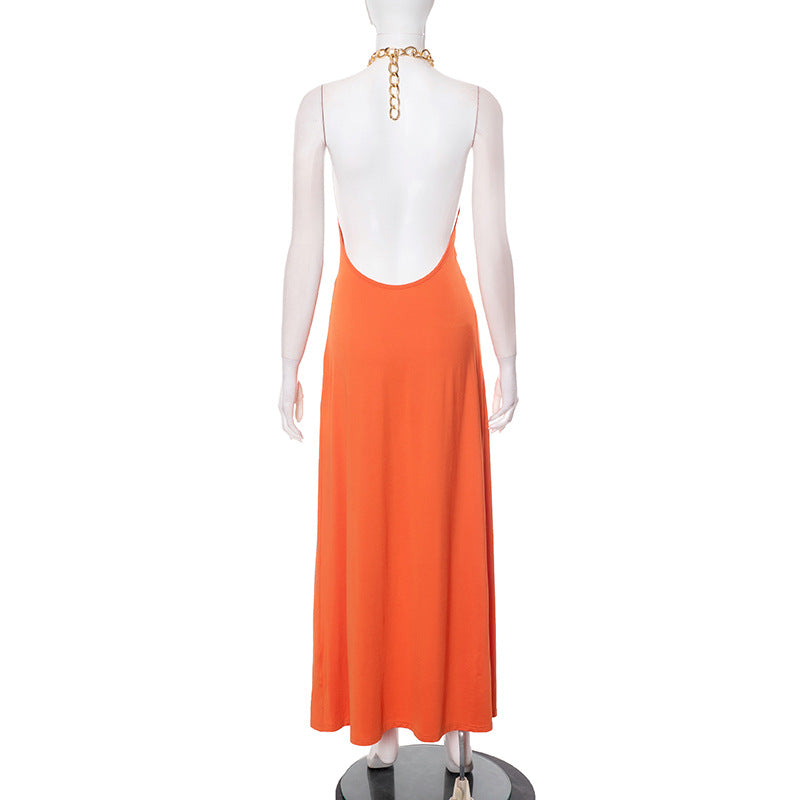 Chain Neck Backless Slit Dress
