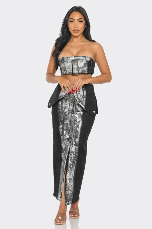 woman wearing metallic crop top and convertible skirt set with abstract print for evening events on a white background