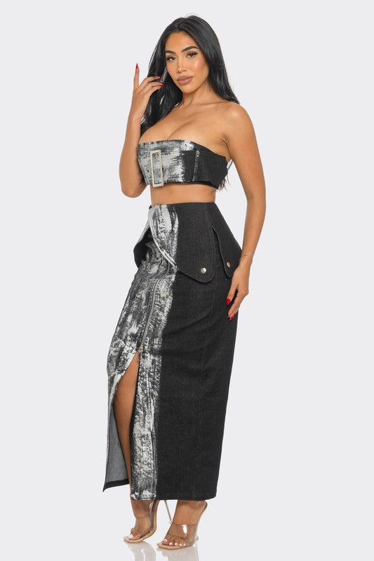 Side profile showing overlay slit in metallic skirt of two pice denim crop top and high waist skirt co-ord for women on a model on a white background