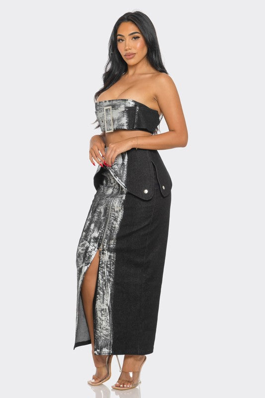 black denim two piece crop top and high skirt co-ord set with metallic abstract print  on a woman 