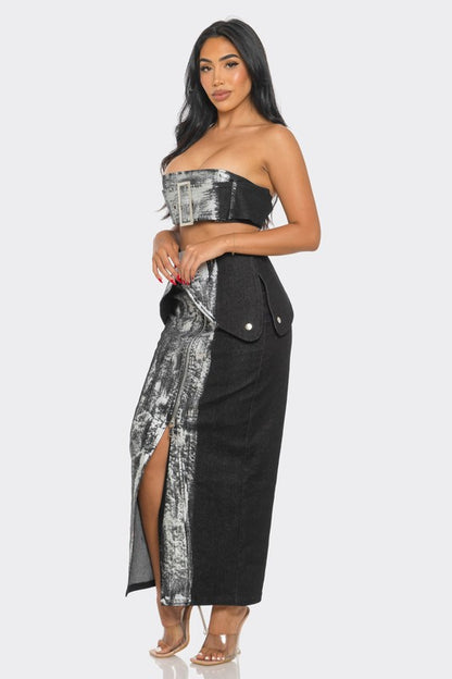 black denim two piece crop top and high skirt co-ord set with metallic abstract print  on a woman 