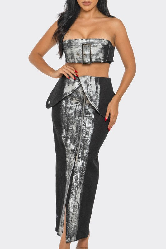metallic abstract print denim two piece strapless crop top with buckle detail and high waist zip front slit midi skirt for women high end fashion 