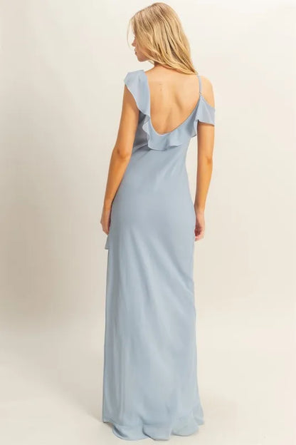Model wearing chiffon ruffle trim midi dress with v-neckline back view