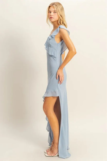 Model wearing chiffon ruffle trim midi dress with v-neckline side view