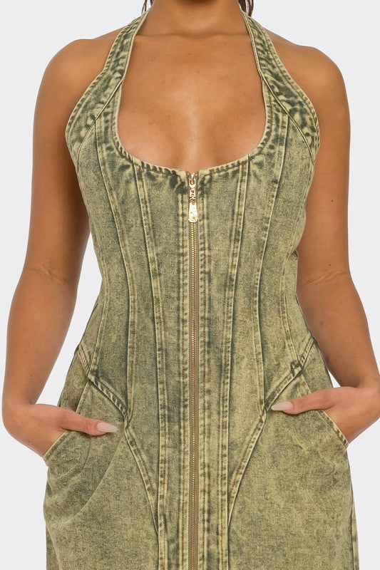 Close up of zip front midi denim dress with front zipper on woman