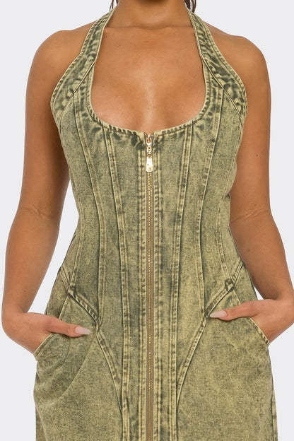 Close up of zip front midi denim dress with front zipper on woman