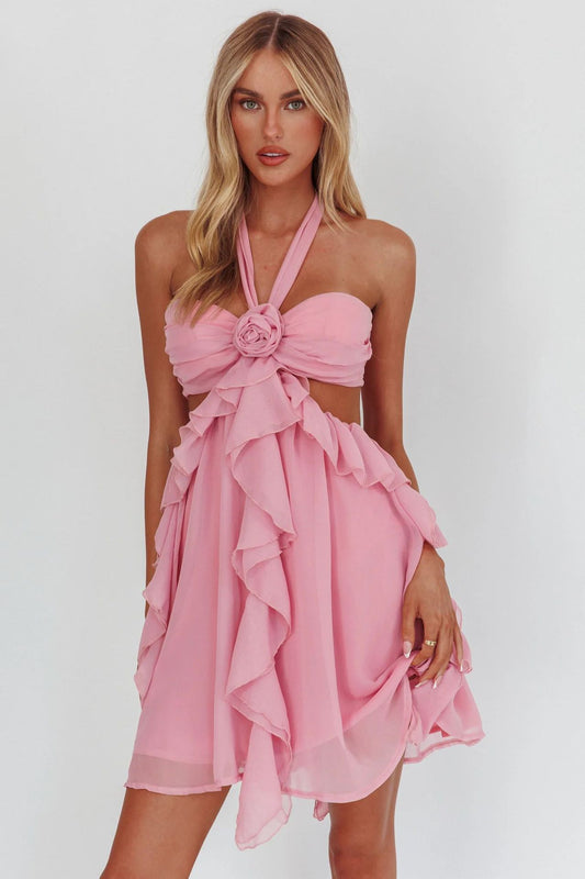 Corsage Ruffled Halter Dress