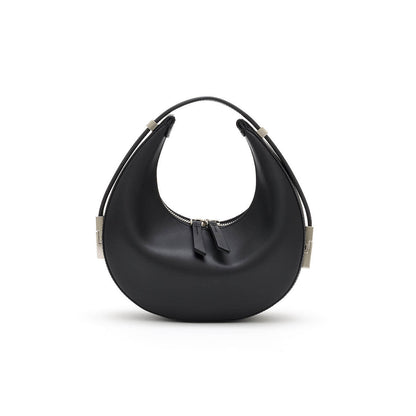 Black chic everyday genuine leather crescent purse with adjustable handle  and silver polished hardware on a white background