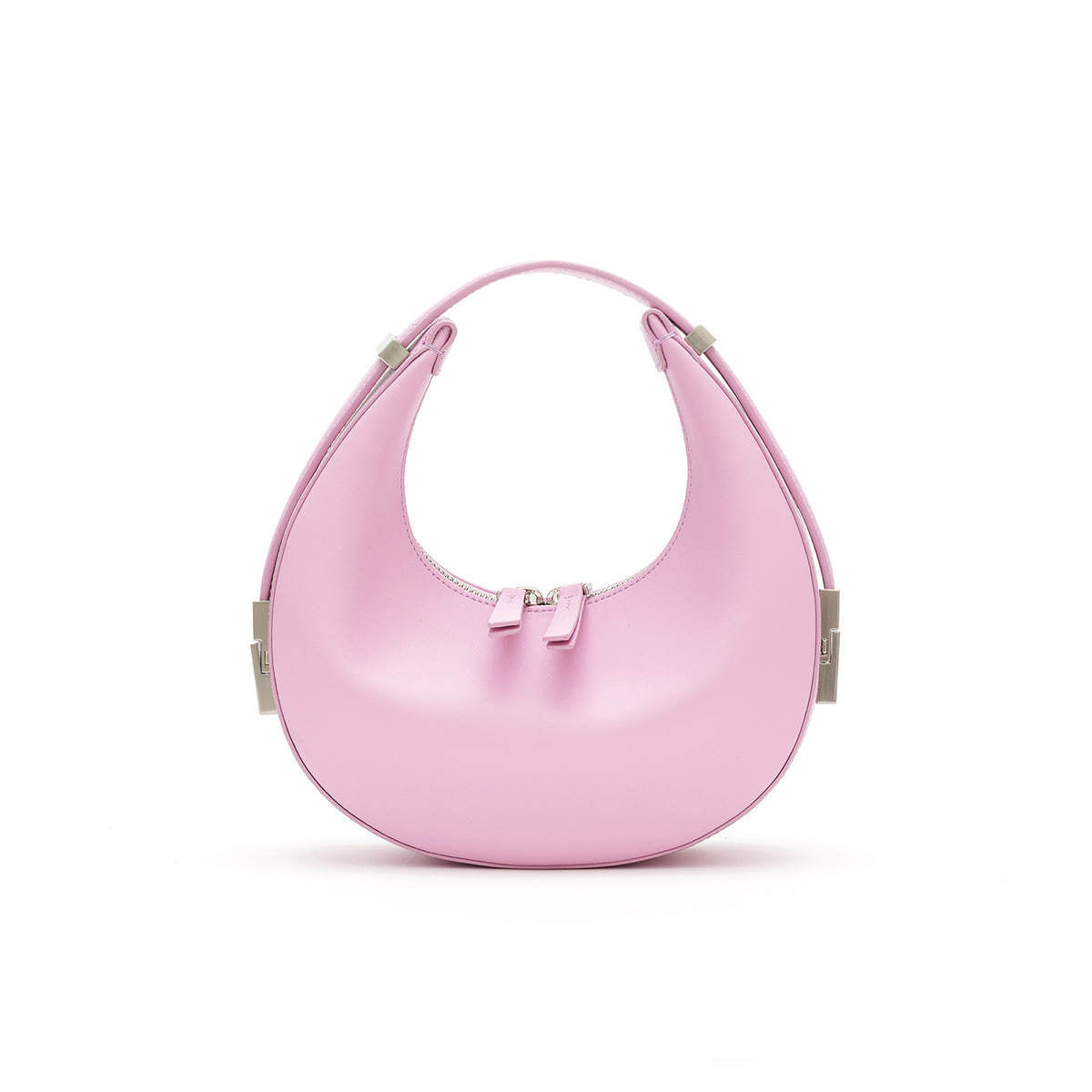 Pink Crescent mini shoulder bag in sleek genuine leather on a white background