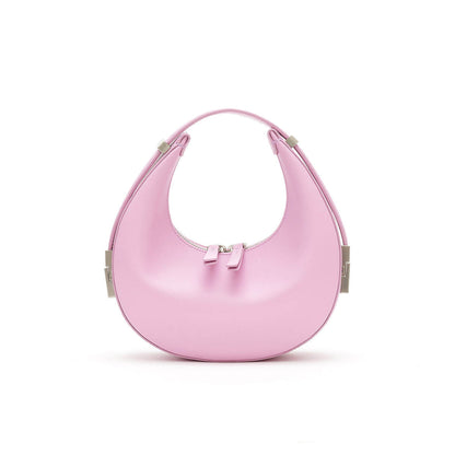 Pink Crescent mini shoulder bag in sleek genuine leather on a white background