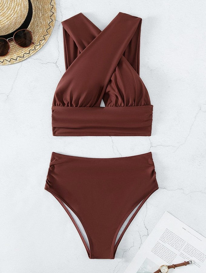Cross-halterneck Pleated Bikini