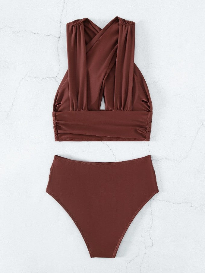 Cross-halterneck Pleated Bikini