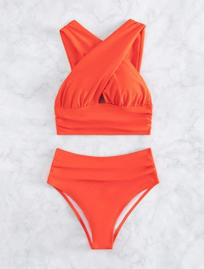 Cross-halterneck Pleated Bikini