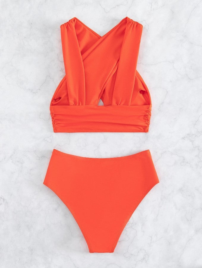 Cross-halterneck Pleated Bikini