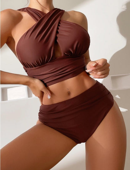 Cross-halterneck Pleated Bikini