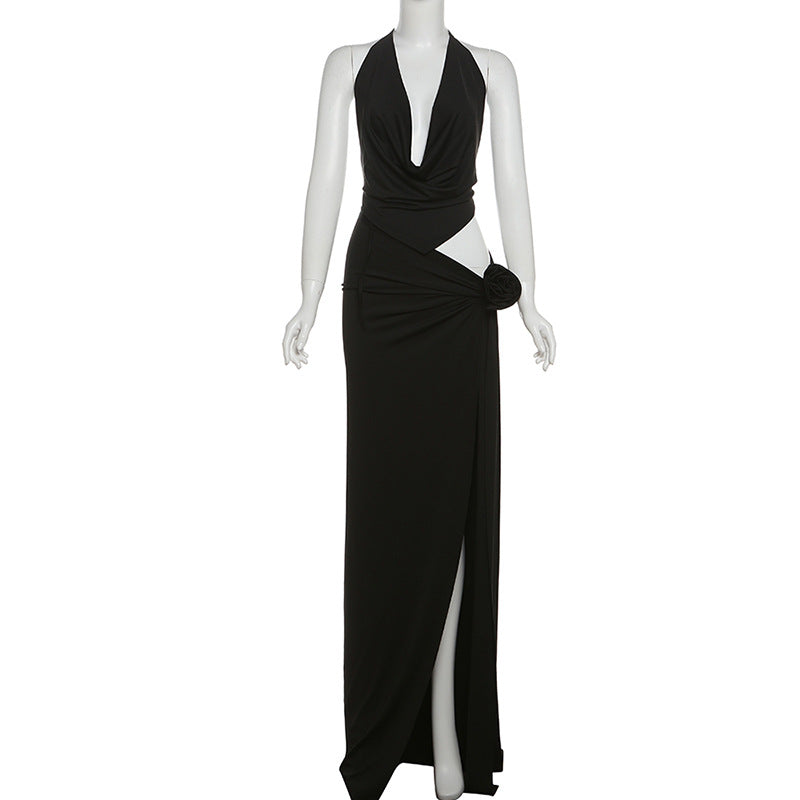Deep V-neck Halter High Slit Skirt Set