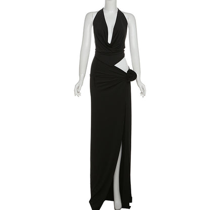 Deep V-neck Halter High Slit Skirt Set