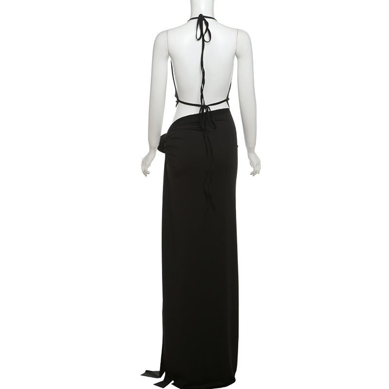 Deep V-neck Halter High Slit Skirt Set