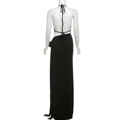 Deep V-neck Halter High Slit Skirt Set