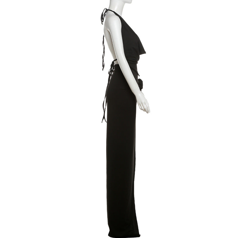Deep V-neck Halter High Slit Skirt Set