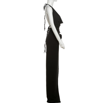 Deep V-neck Halter High Slit Skirt Set