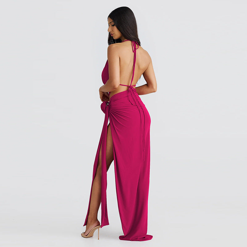 Deep V-neck Halter High Slit Skirt Set